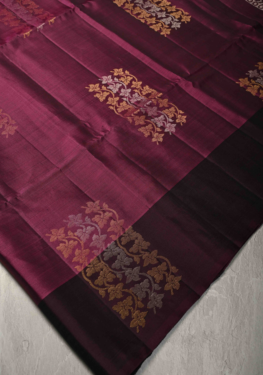 Dark Mauve Kanjivaram Soft Silk Saree with Gold-Silver Floral Buttas and Contrast Border | SILK MARK CERTIFIED