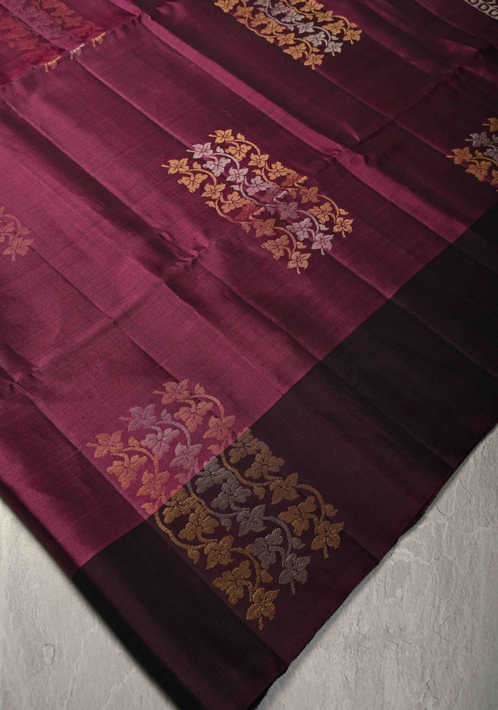 Dark Mauve Kanjivaram Soft Silk Saree with Gold-Silver Floral Buttas and Contrast Border | SILK MARK CERTIFIED