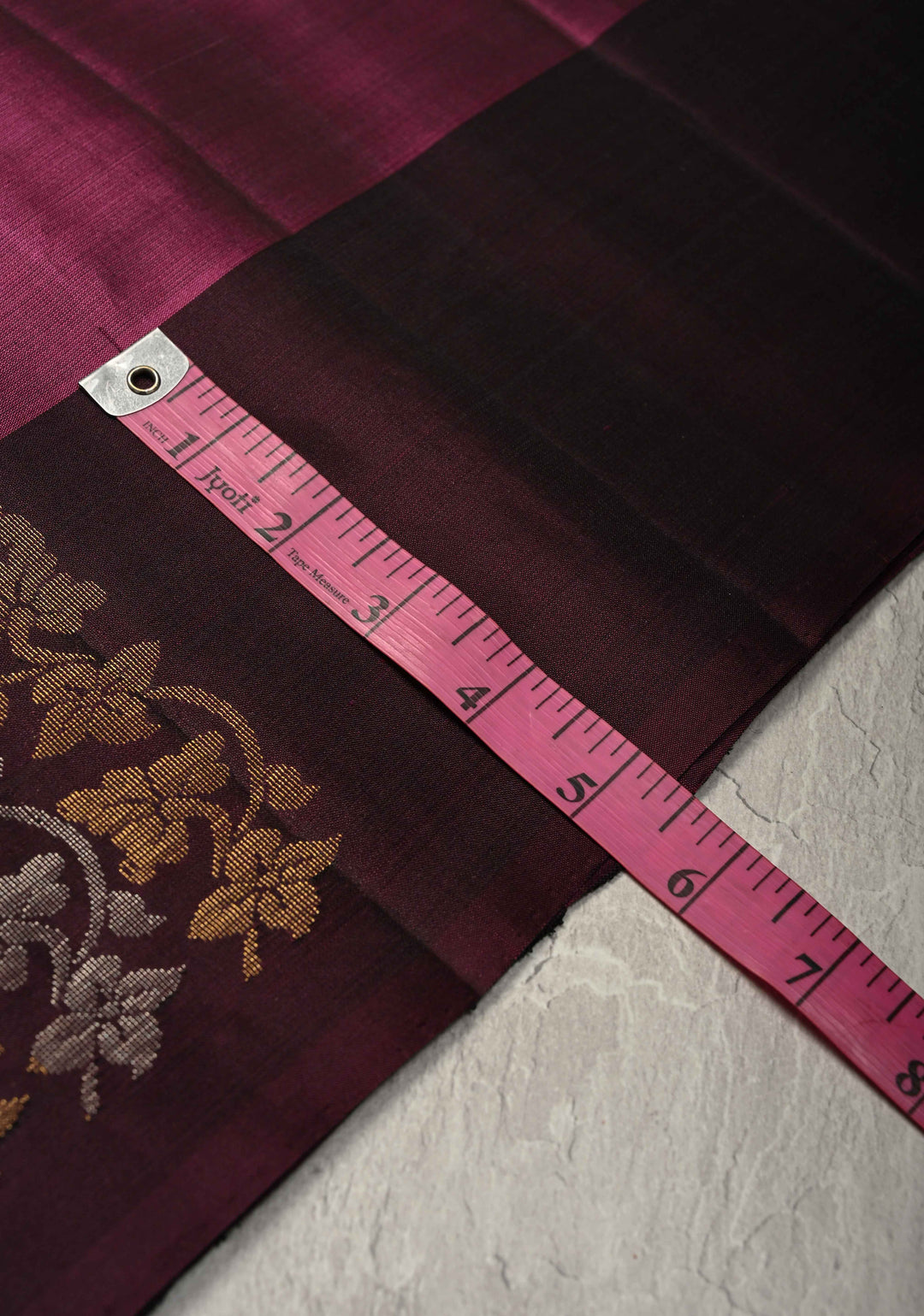 Dark Mauve Kanjivaram Soft Silk Saree with Gold-Silver Floral Buttas and Contrast Border | SILK MARK CERTIFIED