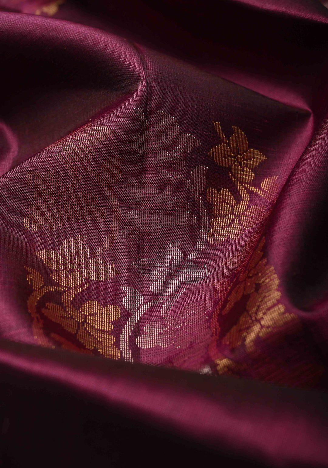 Dark Mauve Kanjivaram Soft Silk Saree with Gold-Silver Floral Buttas and Contrast Border | SILK MARK CERTIFIED