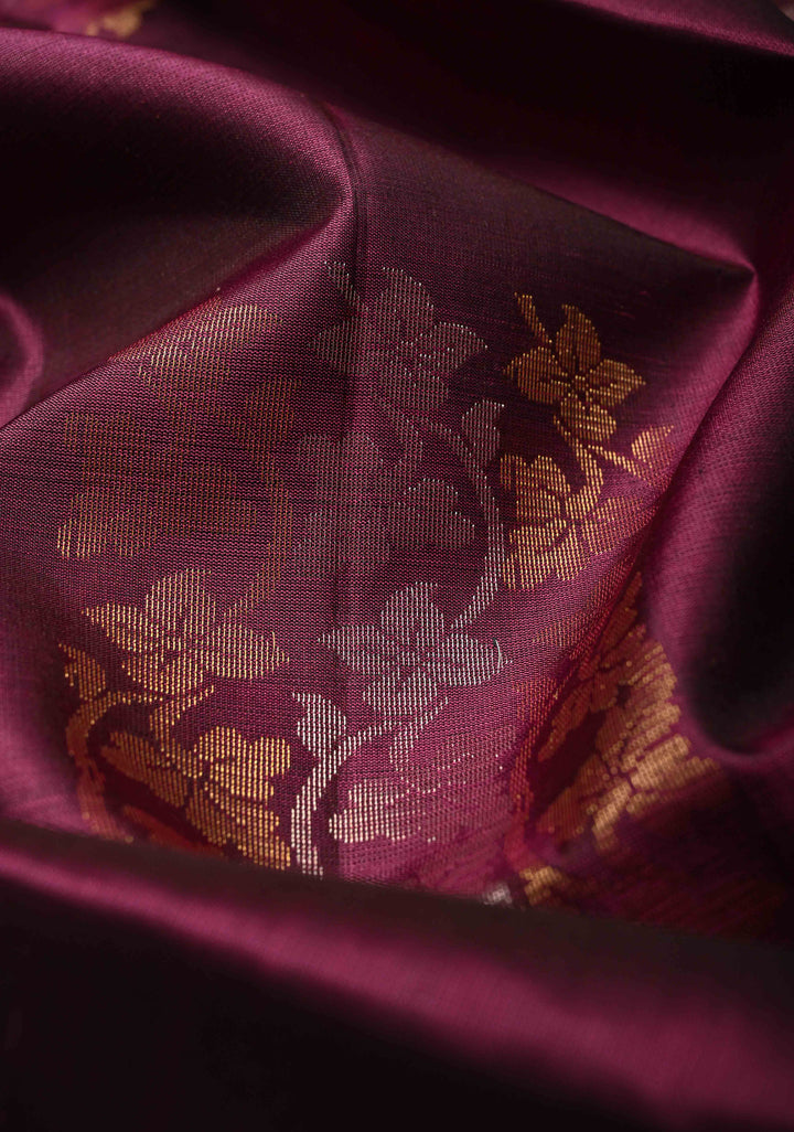 Dark Mauve Kanjivaram Soft Silk Saree with Gold-Silver Floral Buttas and Contrast Border | SILK MARK CERTIFIED