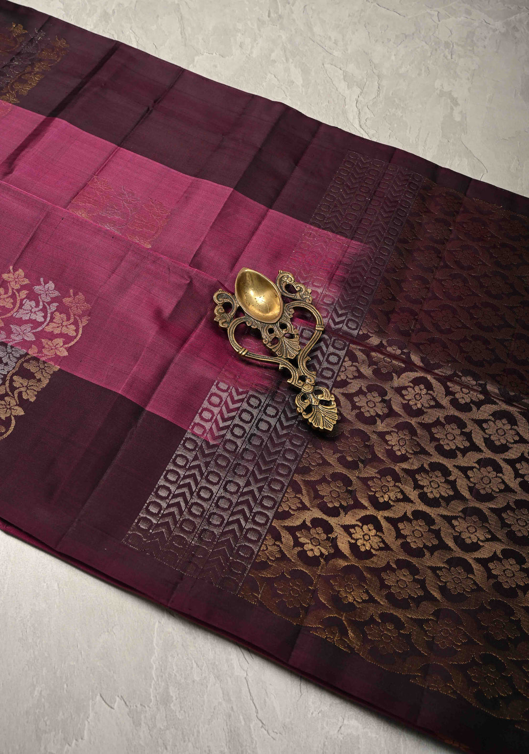 Dark Mauve Kanjivaram Soft Silk Saree with Gold-Silver Floral Buttas and Contrast Border | SILK MARK CERTIFIED