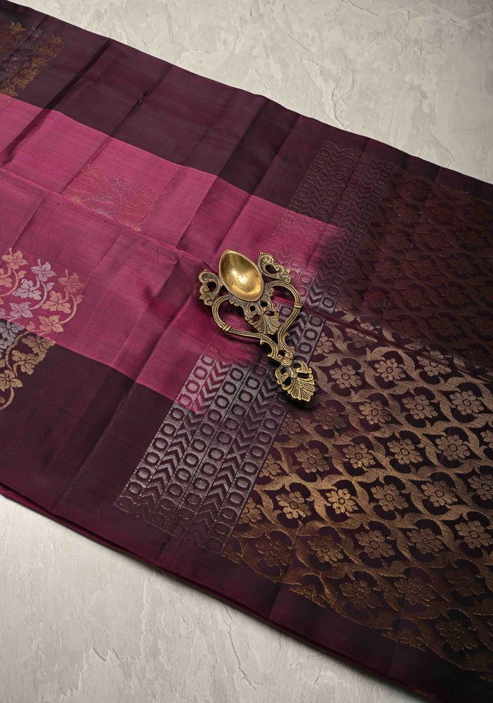 Dark Mauve Kanjivaram Soft Silk Saree with Gold-Silver Floral Buttas and Contrast Border | SILK MARK CERTIFIED