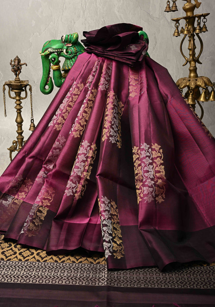 Dark Mauve Kanjivaram Soft Silk Saree with Gold-Silver Floral Buttas and Contrast Border | SILK MARK CERTIFIED
