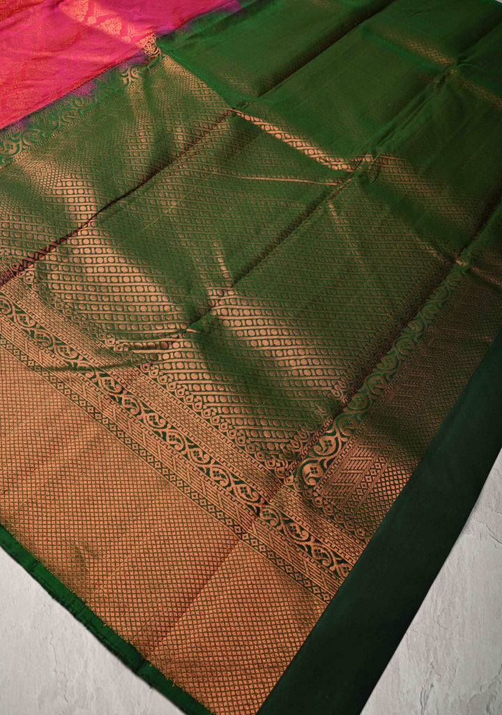 Rani Pink Kanjivaram Soft Silk Saree with Brocade Jaal and Contrast Zari Border | SILK MARK CERTIFIED