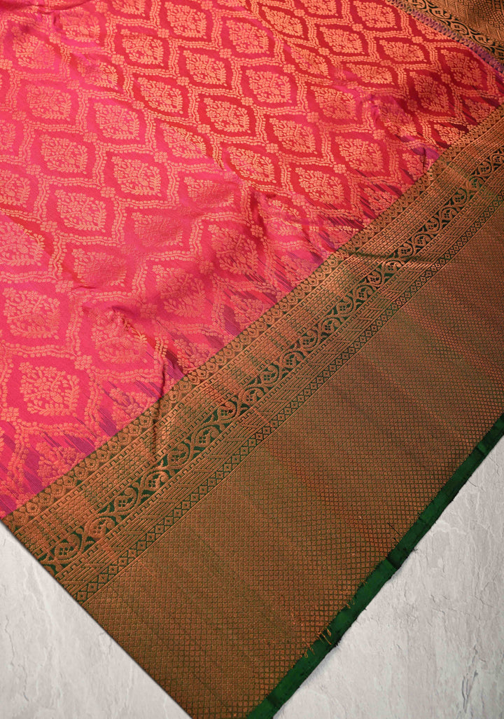 Rani Pink Kanjivaram Soft Silk Saree with Brocade Jaal and Contrast Zari Border | SILK MARK CERTIFIED