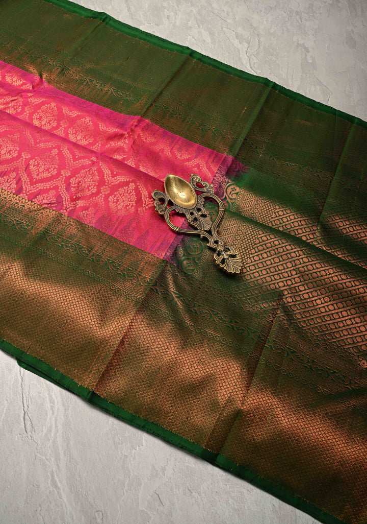 Rani Pink Kanjivaram Soft Silk Saree with Brocade Jaal and Contrast Zari Border | SILK MARK CERTIFIED