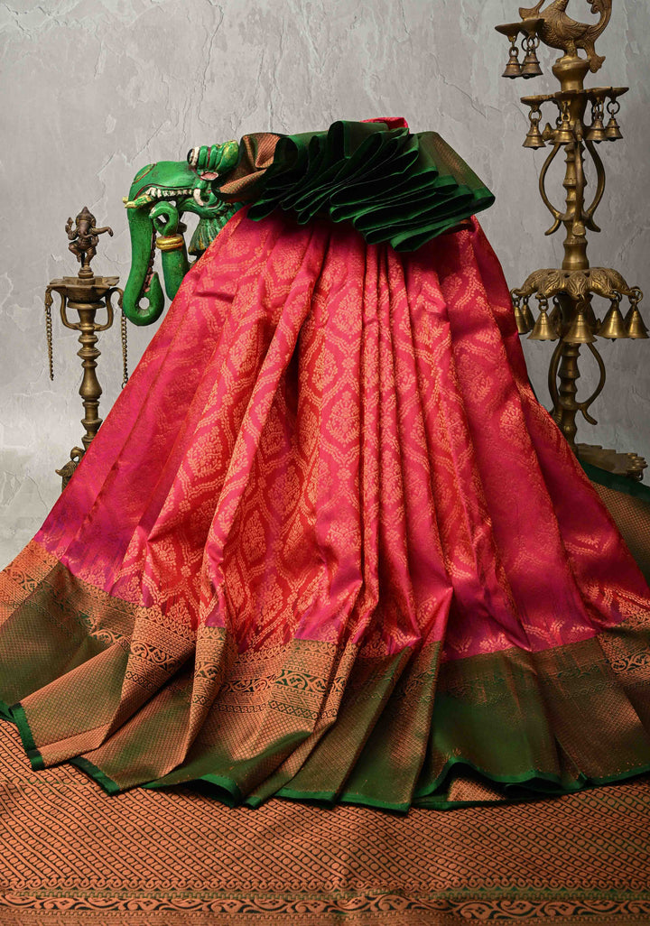 Rani Pink Kanjivaram Soft Silk Saree with Brocade Jaal and Contrast Zari Border | SILK MARK CERTIFIED