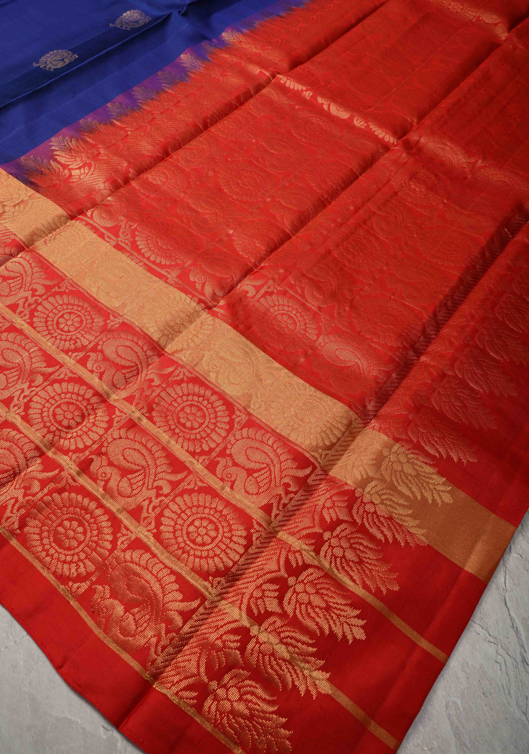 Royal Blue Kanjivaram Soft Silk Saree with Peacock Butta and Contrast checks Zari Border | SILK MARK CERTIFIED