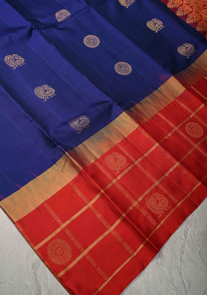 Royal Blue Kanjivaram Soft Silk Saree with Peacock Butta and Contrast checks Zari Border | SILK MARK CERTIFIED