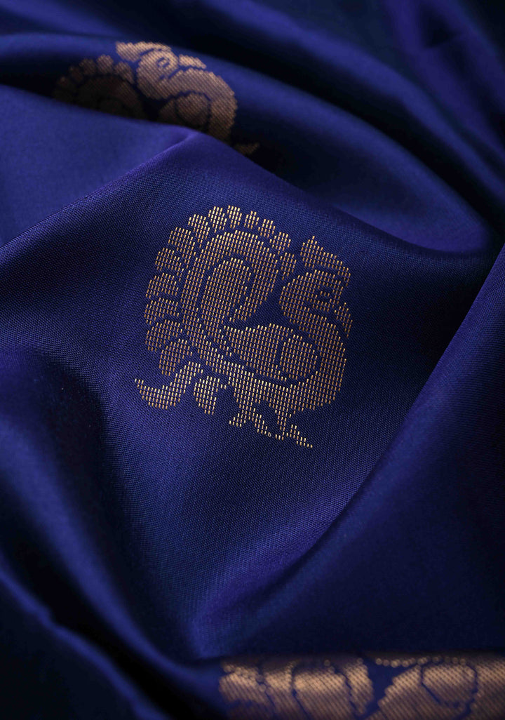 Royal Blue Kanjivaram Soft Silk Saree with Peacock Butta and Contrast checks Zari Border | SILK MARK CERTIFIED