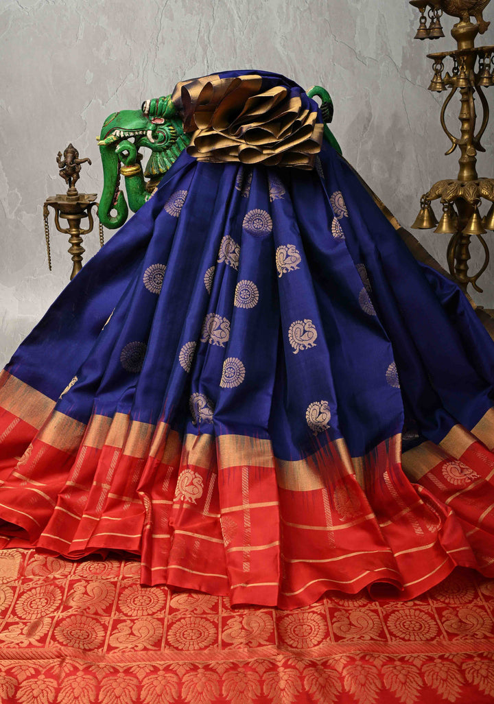 Royal Blue Kanjivaram Soft Silk Saree with Peacock Butta and Contrast checks Zari Border | SILK MARK CERTIFIED