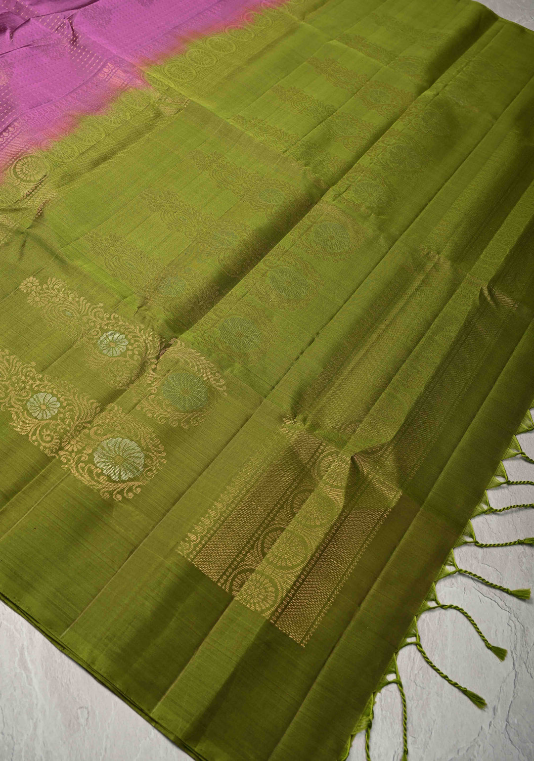 Purplish Pink Pin Zari Stripes on Kanjivaram Soft Silk Saree with Zari Buttas and Contrast Border | SILK MARK CERTIFIED