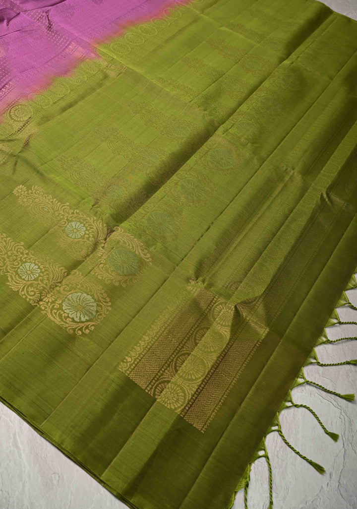 Purplish Pink Pin Zari Stripes on Kanjivaram Soft Silk Saree with Zari Buttas and Contrast Border | SILK MARK CERTIFIED