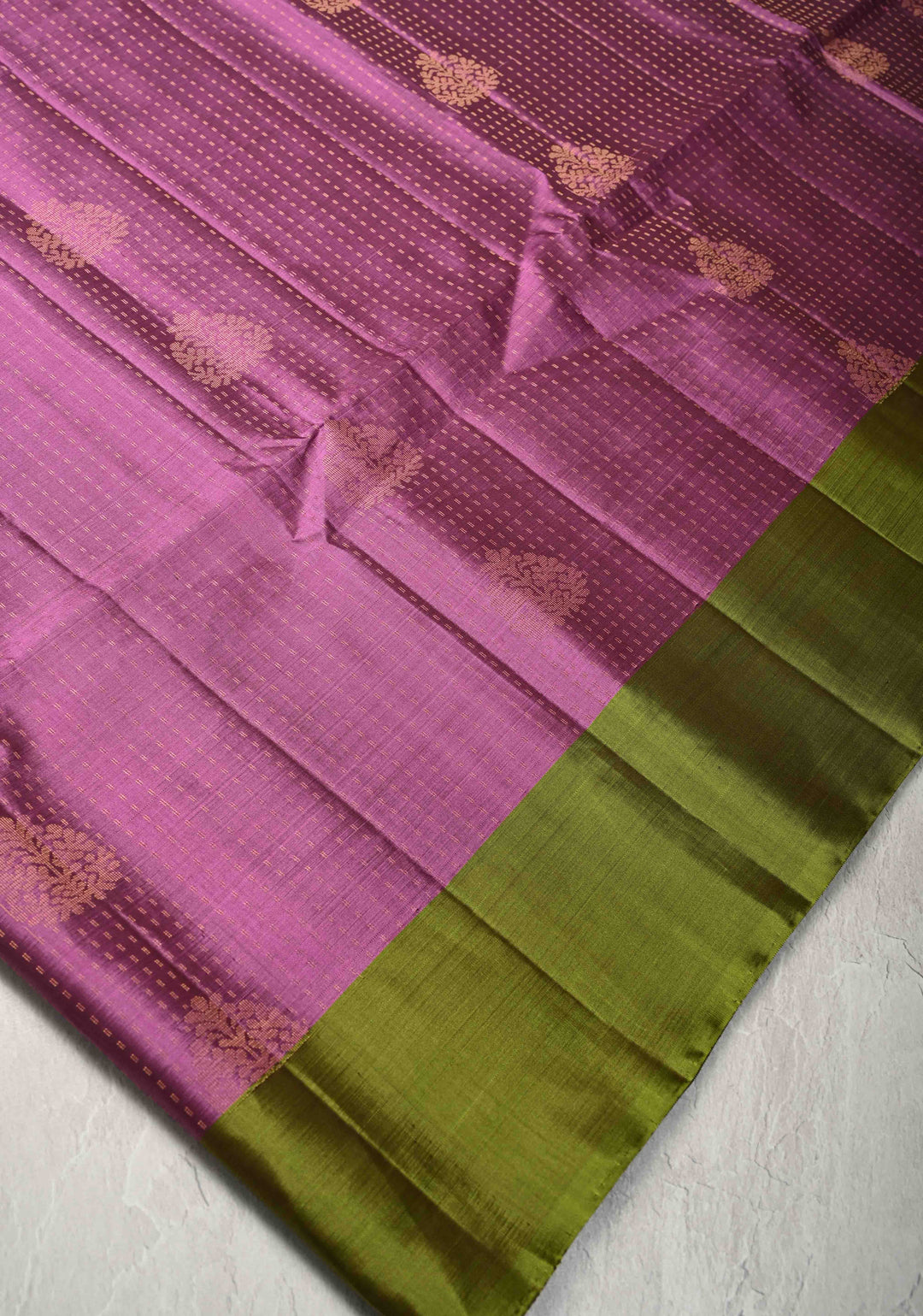 Purplish Pink Pin Zari Stripes on Kanjivaram Soft Silk Saree with Zari Buttas and Contrast Border | SILK MARK CERTIFIED