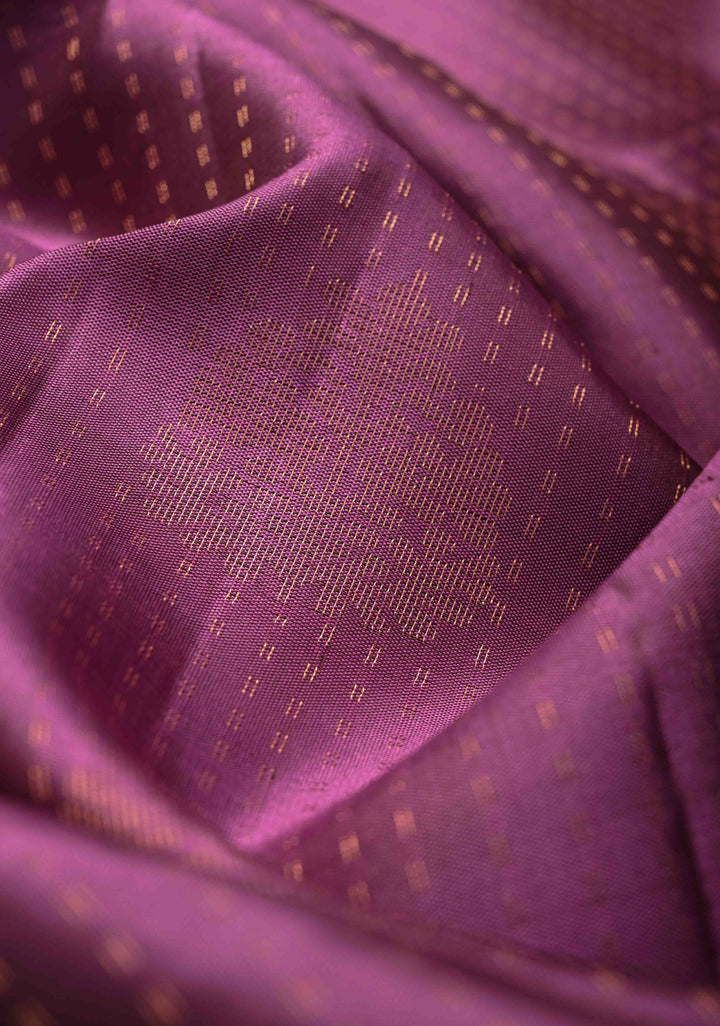 Purplish Pink Pin Zari Stripes on Kanjivaram Soft Silk Saree with Zari Buttas and Contrast Border | SILK MARK CERTIFIED