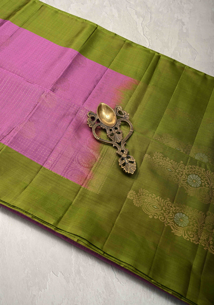 Purplish Pink Pin Zari Stripes on Kanjivaram Soft Silk Saree with Zari Buttas and Contrast Border | SILK MARK CERTIFIED