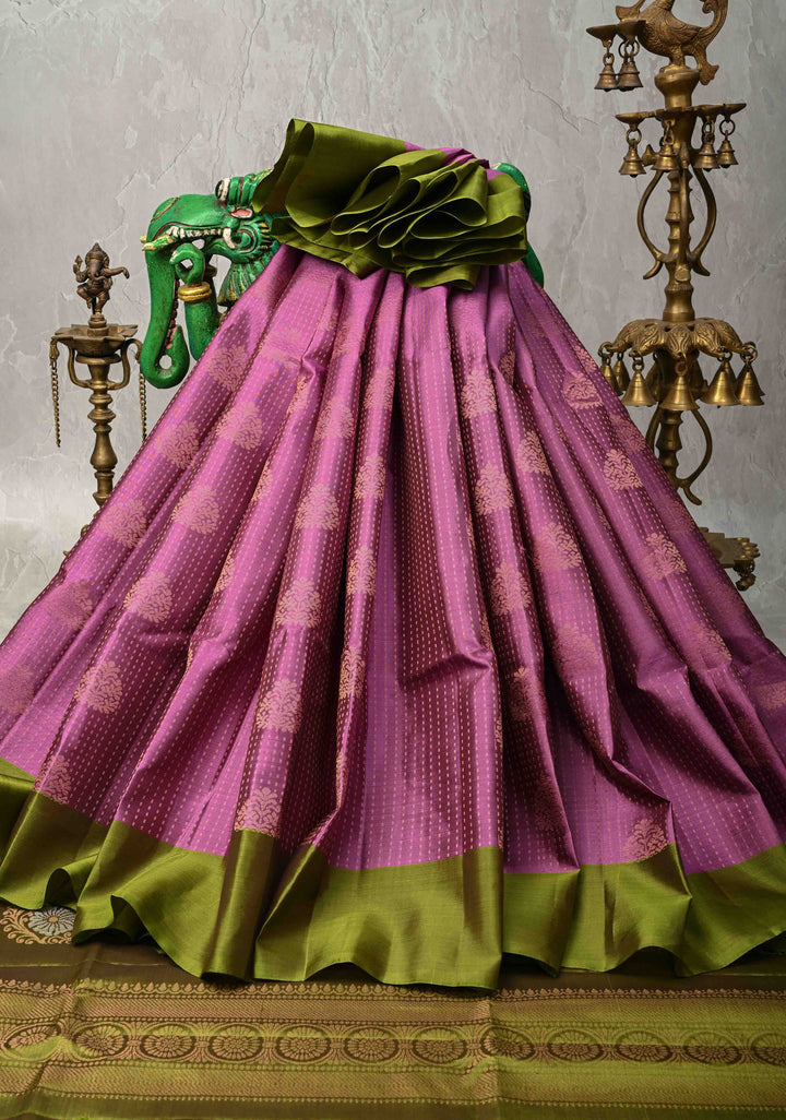 Purplish Pink Pin Zari Stripes on Kanjivaram Soft Silk Saree with Zari Buttas and Contrast Border | SILK MARK CERTIFIED