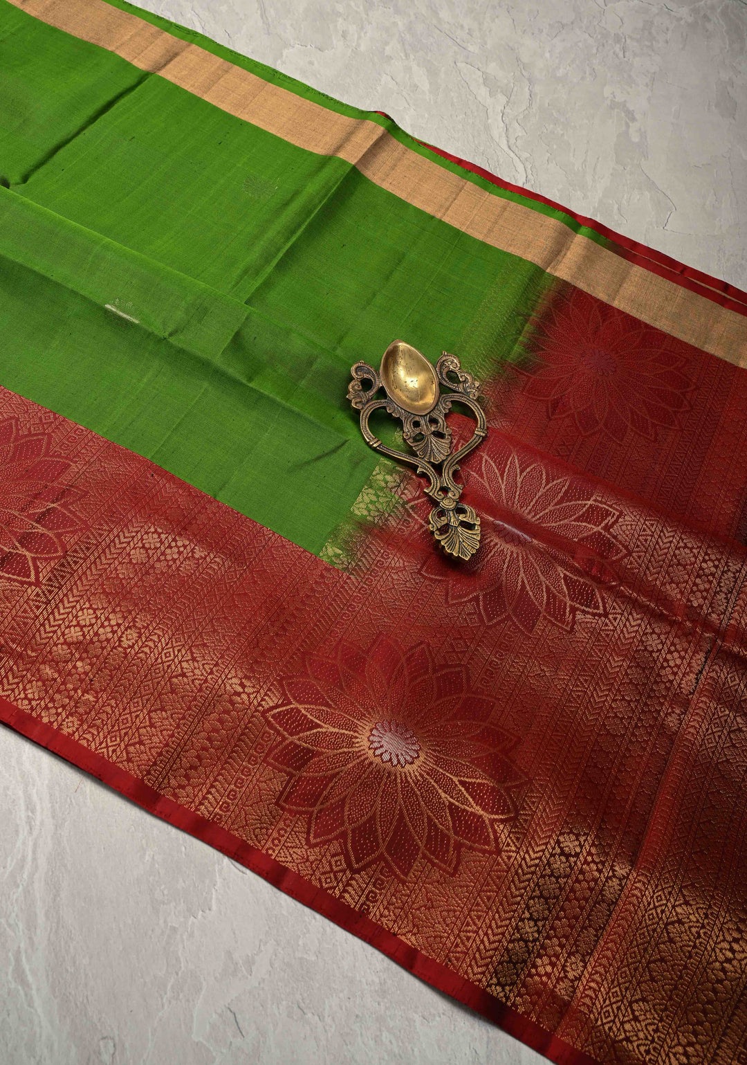 Sap Green Kanjivaram Soft Silk Saree with Zari Buttas and Contrast Zari Border | SILK MARK CERTIFIED