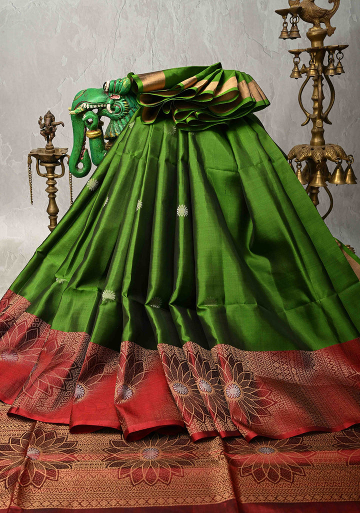 Sap Green Kanjivaram Soft Silk Saree with Zari Buttas and Contrast Zari Border | SILK MARK CERTIFIED