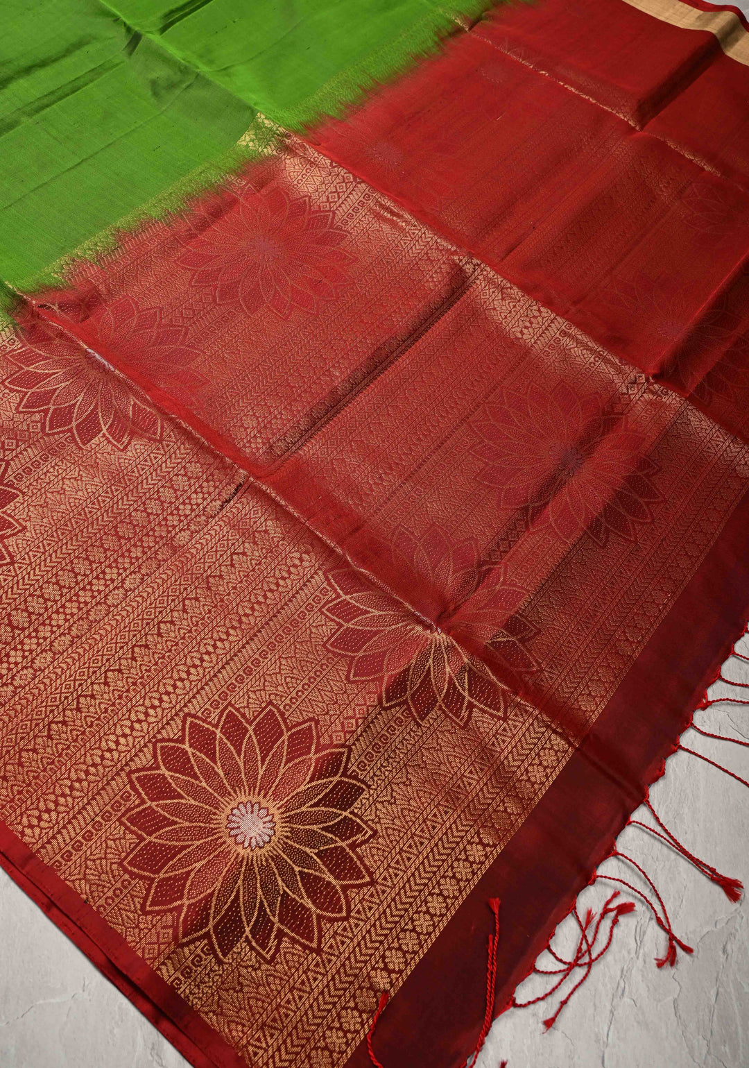 Sap Green Kanjivaram Soft Silk Saree with Zari Buttas and Contrast Zari Border | SILK MARK CERTIFIED