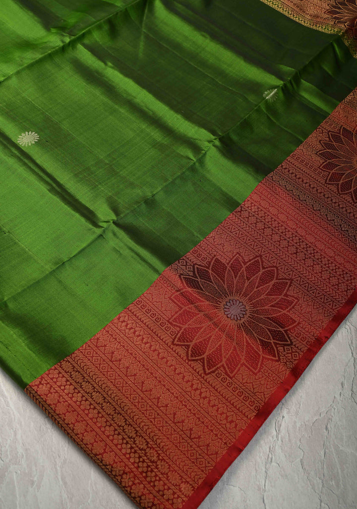 Sap Green Kanjivaram Soft Silk Saree with Zari Buttas and Contrast Zari Border | SILK MARK CERTIFIED