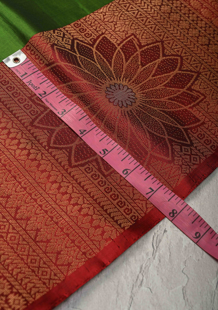 Sap Green Kanjivaram Soft Silk Saree with Zari Buttas and Contrast Zari Border | SILK MARK CERTIFIED