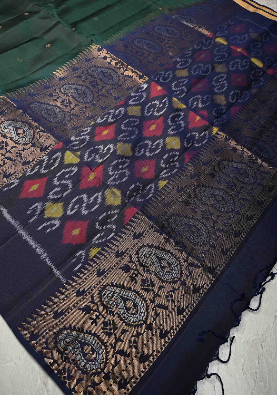 Deep Green Zari Buttas on Kanjivaram Soft Silk Saree with Zari Border and Ikkat Pallu | SILK MARK CERTIFIED
