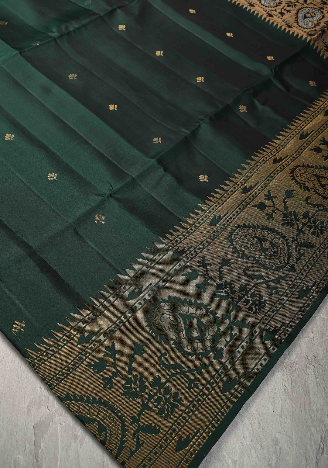 Deep Green Zari Buttas on Kanjivaram Soft Silk Saree with Zari Border and Ikkat Pallu | SILK MARK CERTIFIED