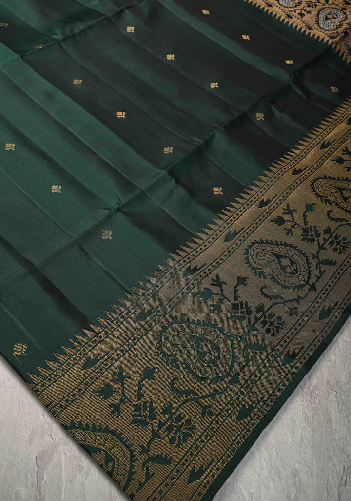 Deep Green Zari Buttas on Kanjivaram Soft Silk Saree with Zari Border and Ikkat Pallu | SILK MARK CERTIFIED
