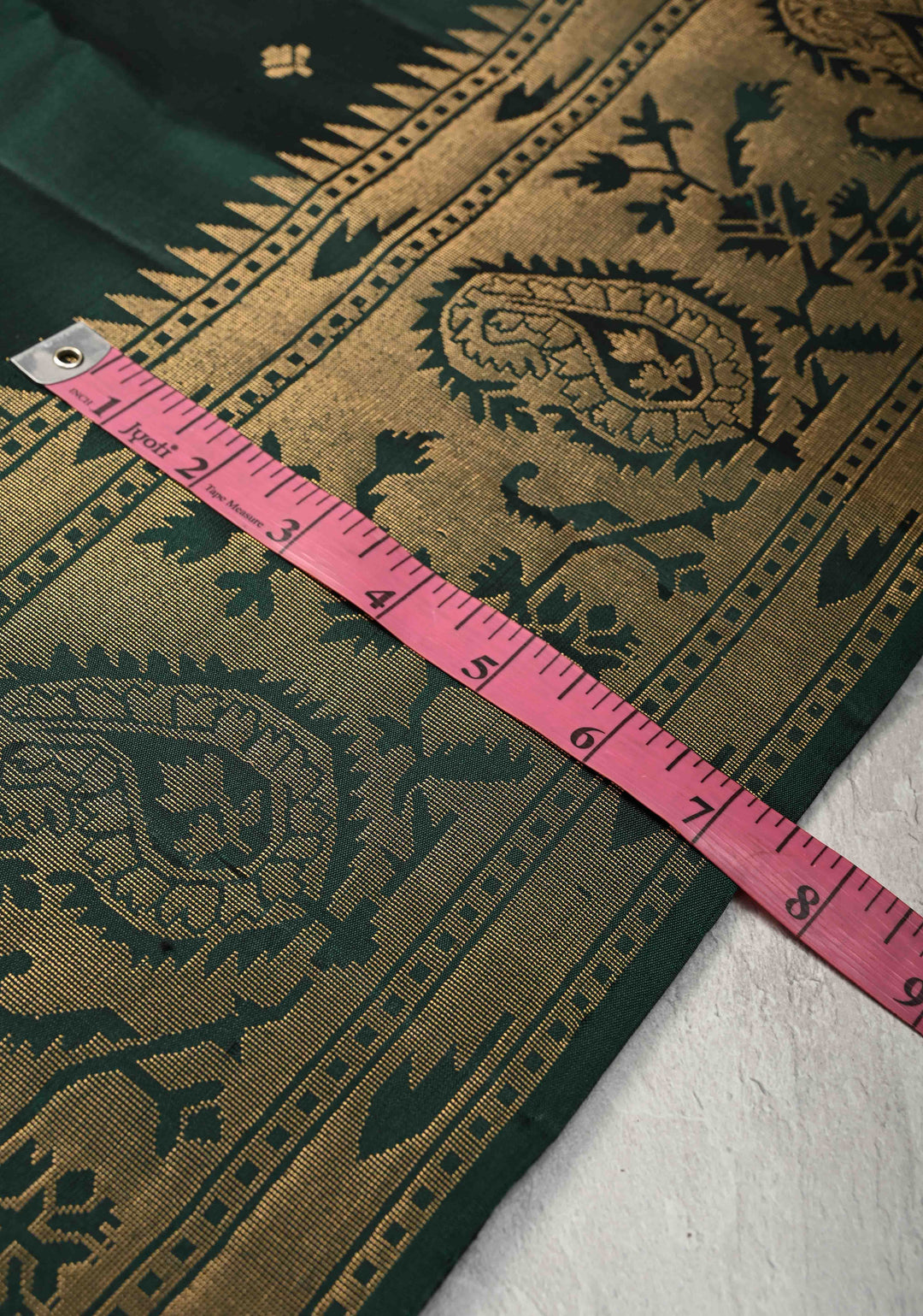 Deep Green Zari Buttas on Kanjivaram Soft Silk Saree with Zari Border and Ikkat Pallu | SILK MARK CERTIFIED