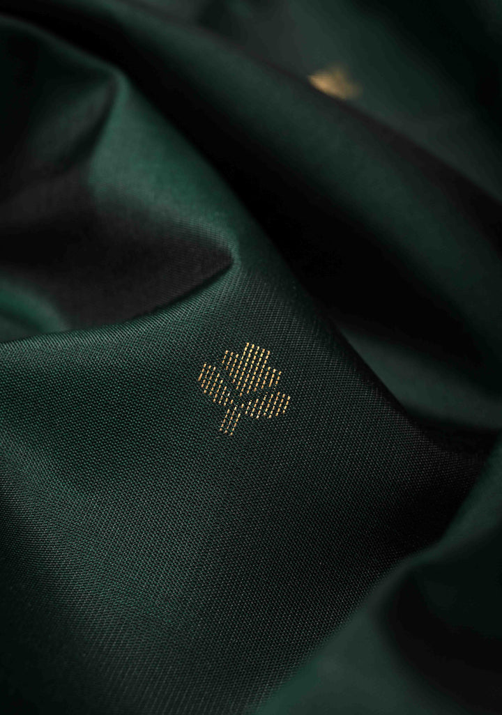 Deep Green Zari Buttas on Kanjivaram Soft Silk Saree with Zari Border and Ikkat Pallu | SILK MARK CERTIFIED