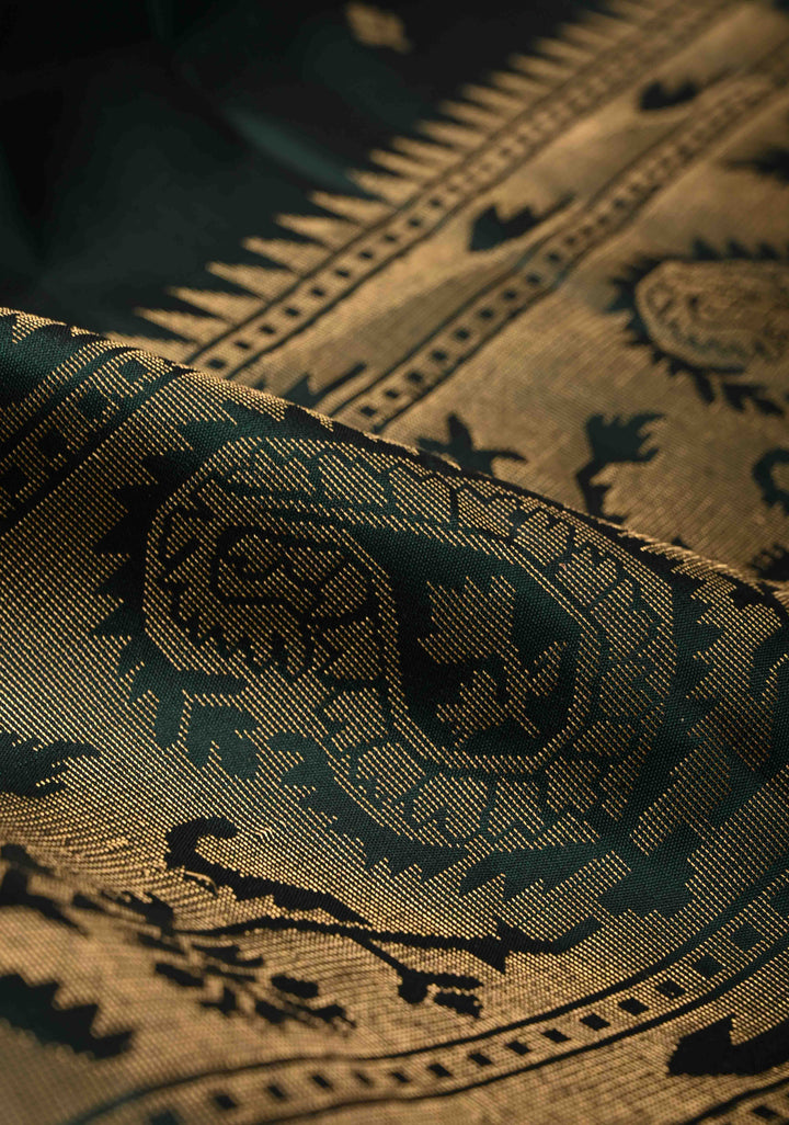 Deep Green Zari Buttas on Kanjivaram Soft Silk Saree with Zari Border and Ikkat Pallu | SILK MARK CERTIFIED