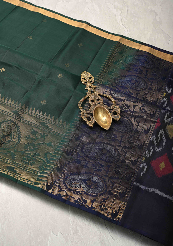 Deep Green Zari Buttas on Kanjivaram Soft Silk Saree with Zari Border and Ikkat Pallu | SILK MARK CERTIFIED