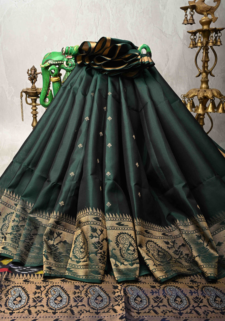 Deep Green Zari Buttas on Kanjivaram Soft Silk Saree with Zari Border and Ikkat Pallu | SILK MARK CERTIFIED