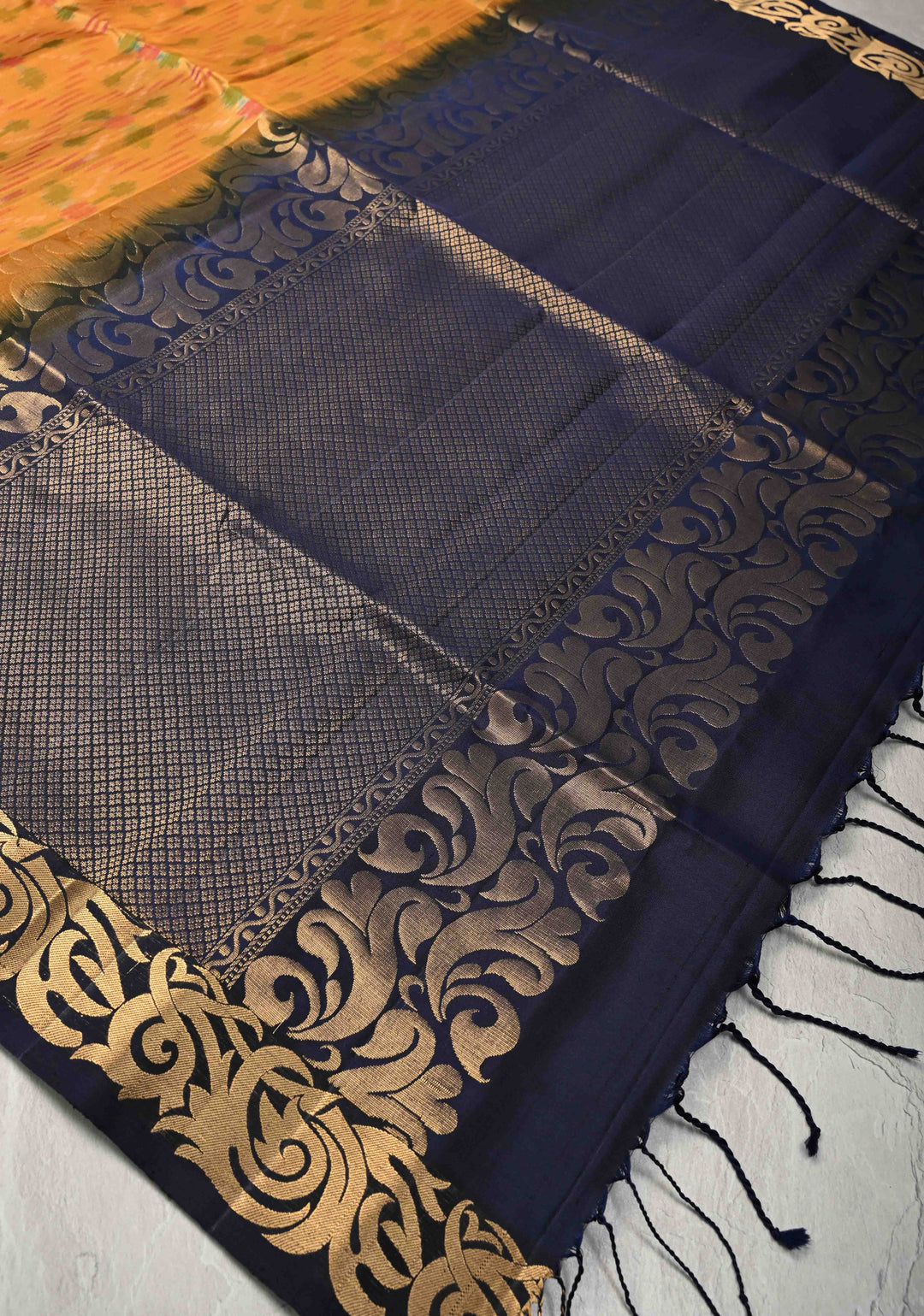 Mustard Fusion Ikkat Kanjivaram Soft Silk Saree with Weave Jaal and Contrast Zari Border | SILK MARK CERTIFIED