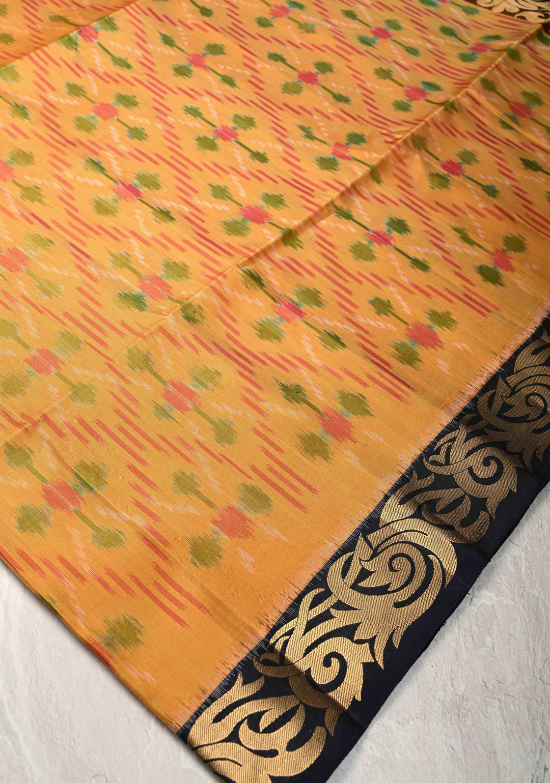 Mustard Fusion Ikkat Kanjivaram Soft Silk Saree with Weave Jaal and Contrast Zari Border | SILK MARK CERTIFIED