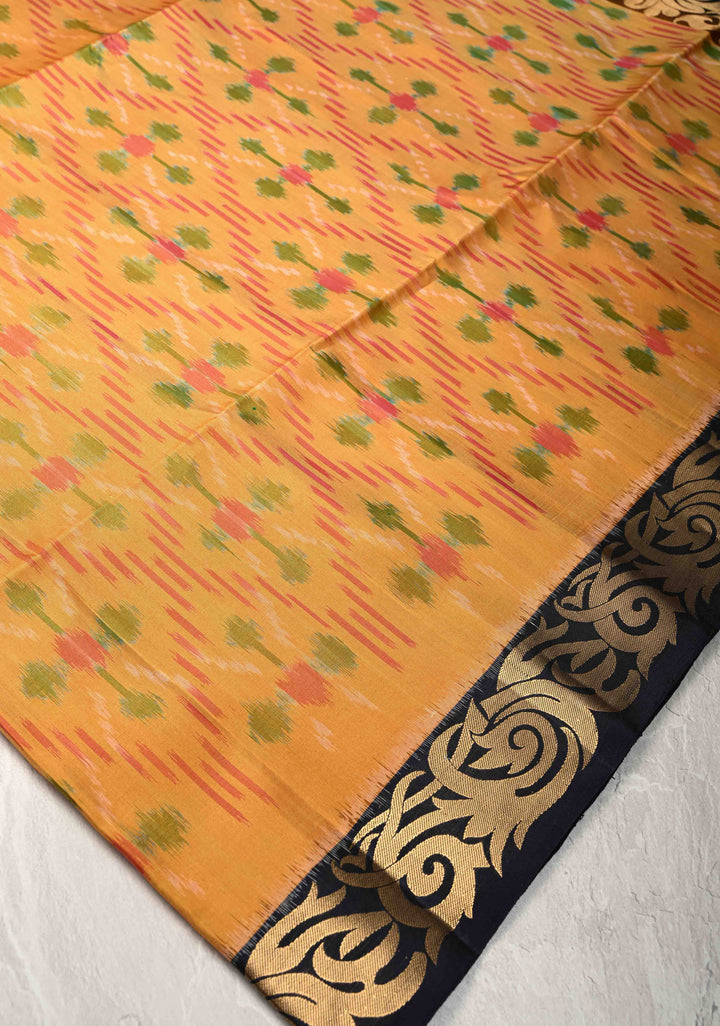 Mustard Fusion Ikkat Kanjivaram Soft Silk Saree with Weave Jaal and Contrast Zari Border | SILK MARK CERTIFIED