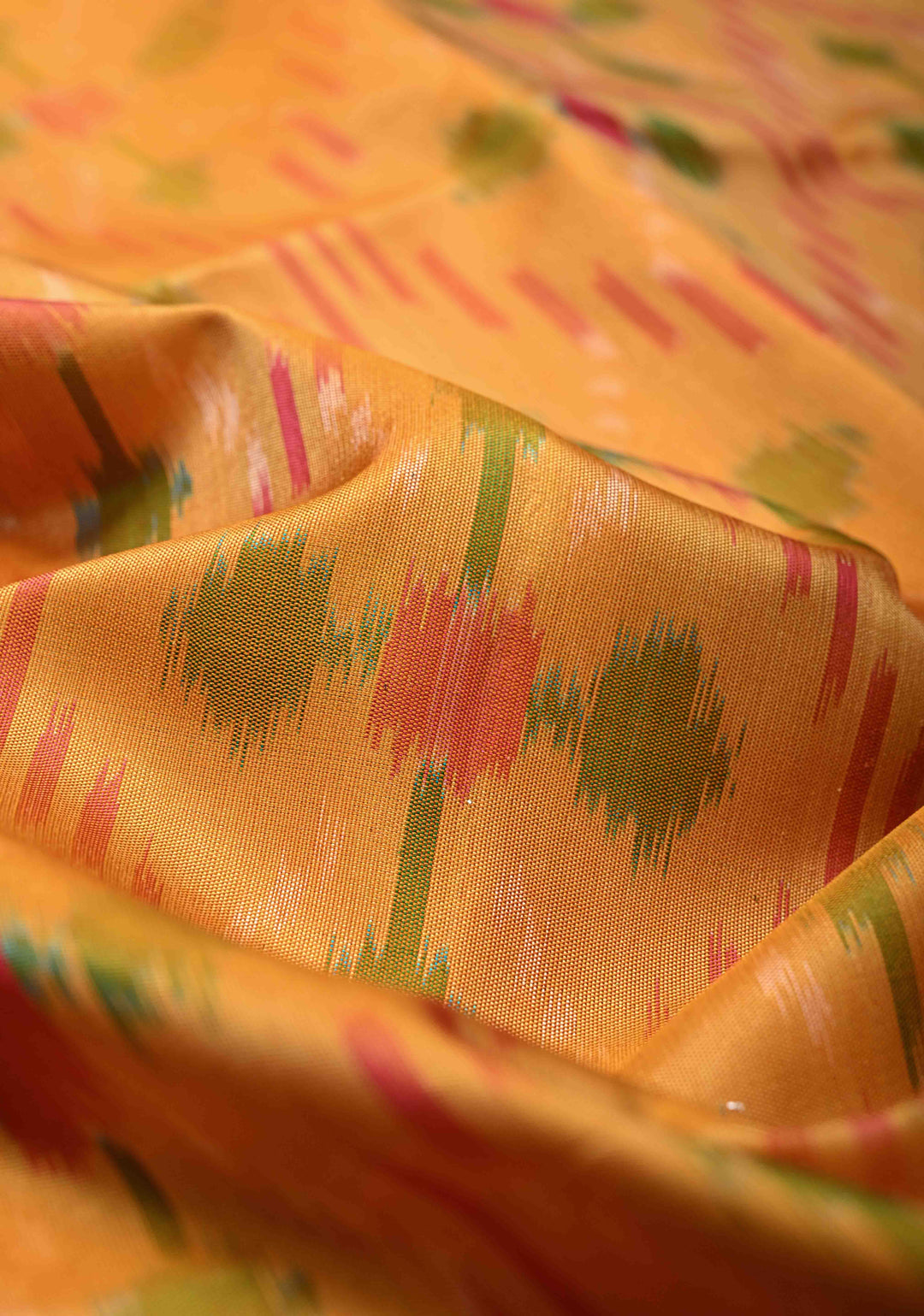 Mustard Fusion Ikkat Kanjivaram Soft Silk Saree with Weave Jaal and Contrast Zari Border | SILK MARK CERTIFIED