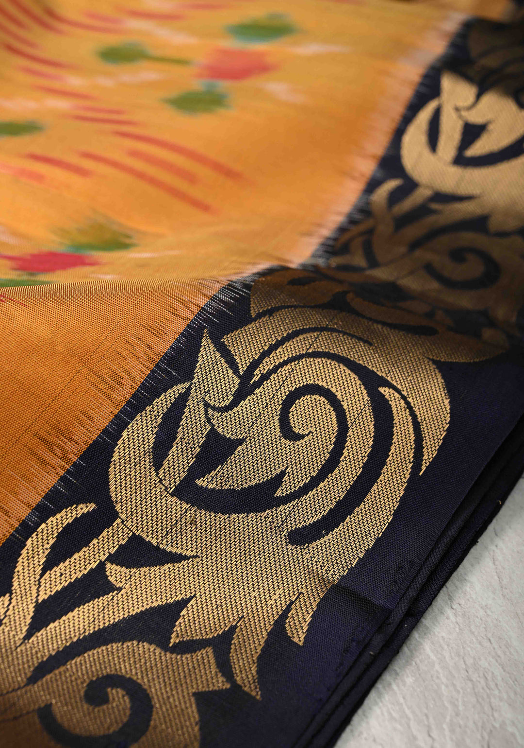 Mustard Fusion Ikkat Kanjivaram Soft Silk Saree with Weave Jaal and Contrast Zari Border | SILK MARK CERTIFIED