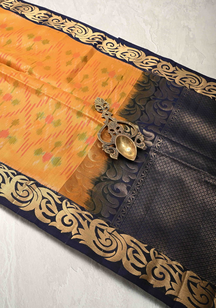 Mustard Fusion Ikkat Kanjivaram Soft Silk Saree with Weave Jaal and Contrast Zari Border | SILK MARK CERTIFIED