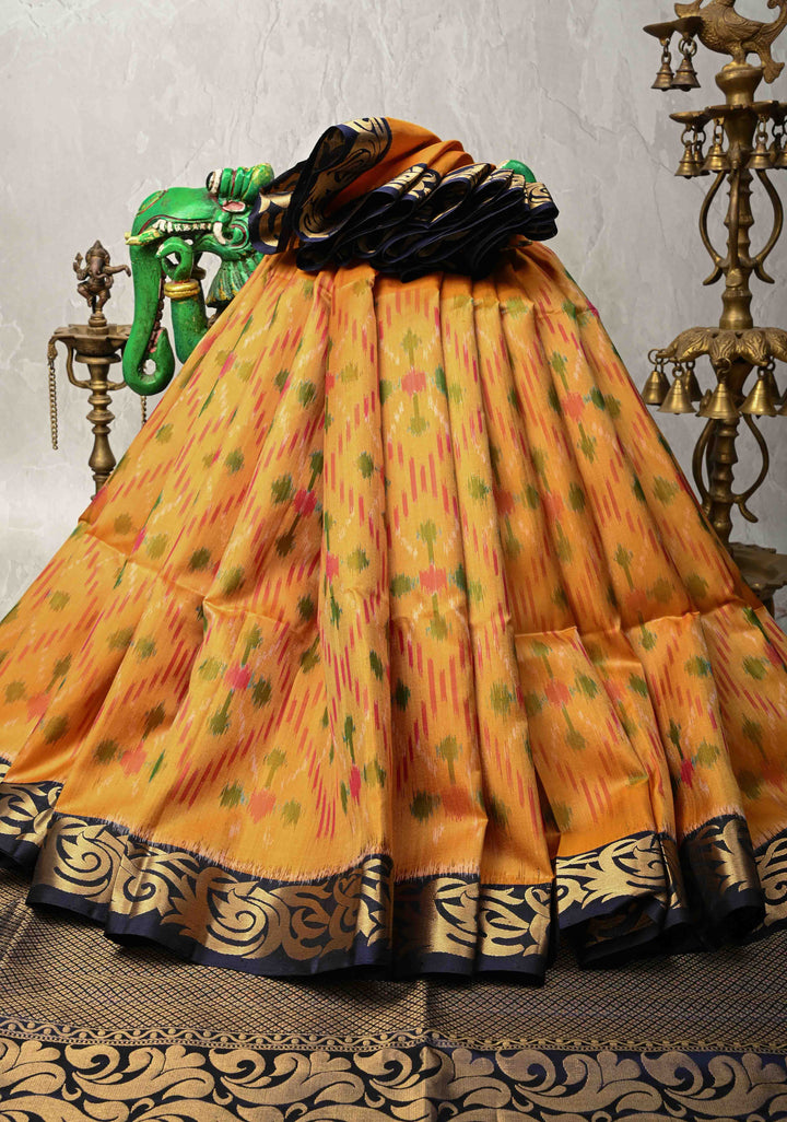 Mustard Fusion Ikkat Kanjivaram Soft Silk Saree with Weave Jaal and Contrast Zari Border | SILK MARK CERTIFIED