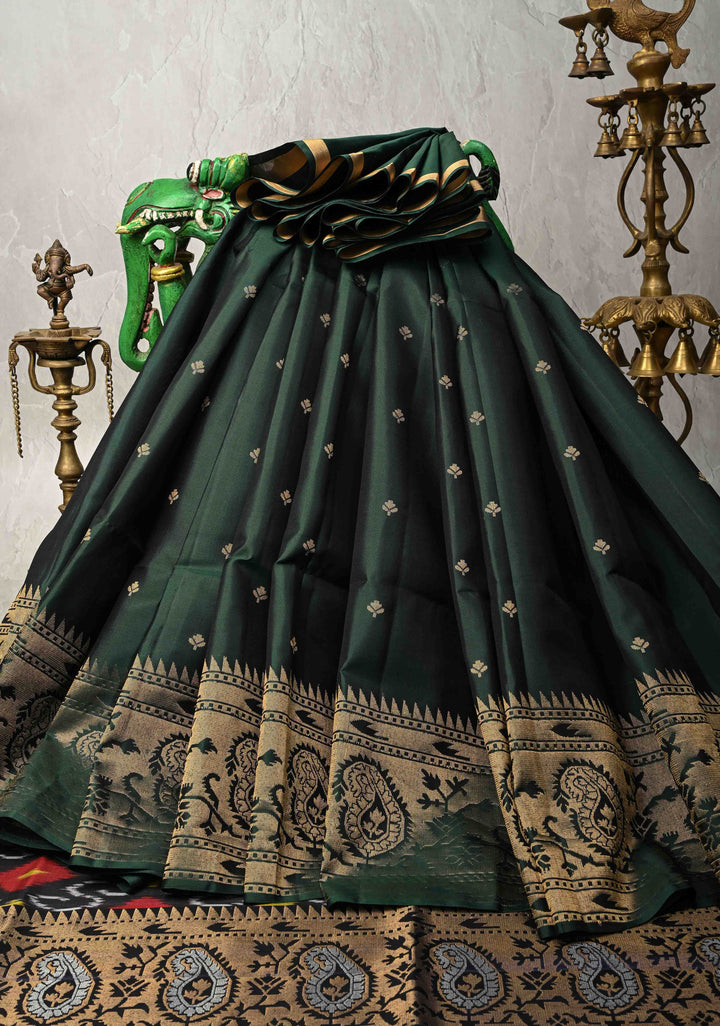 Deep Green Zari Buttas on Kanjivaram Soft Silk Saree with Zari Border and Ikkat Pallu | SILK MARK CERTIFIED