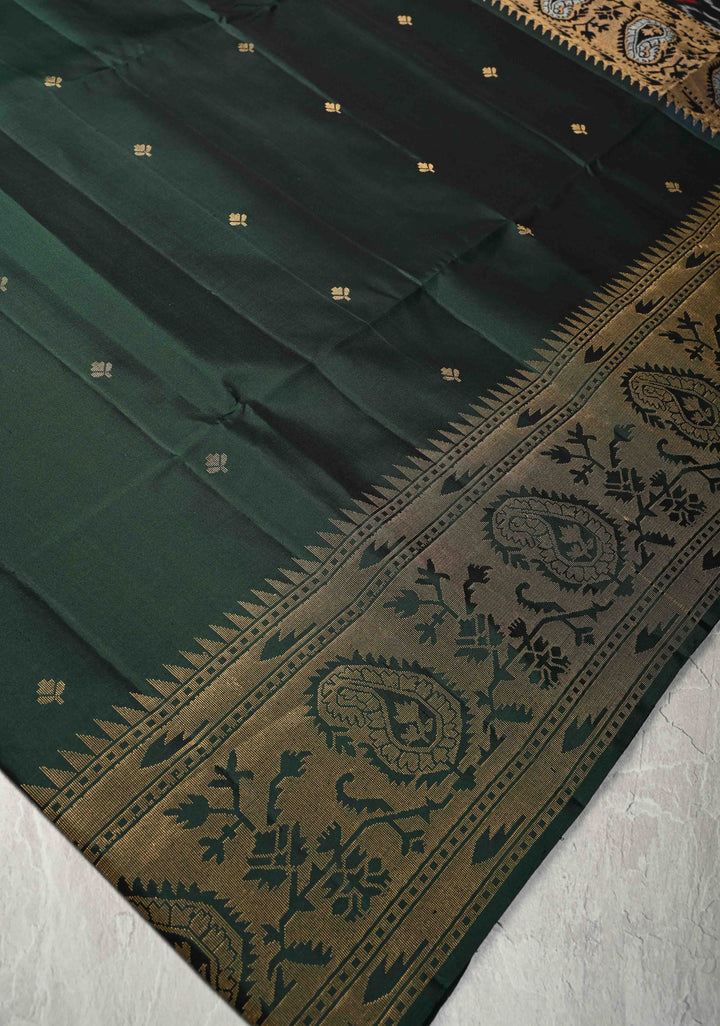Deep Green Zari Buttas on Kanjivaram Soft Silk Saree with Zari Border and Ikkat Pallu | SILK MARK CERTIFIED