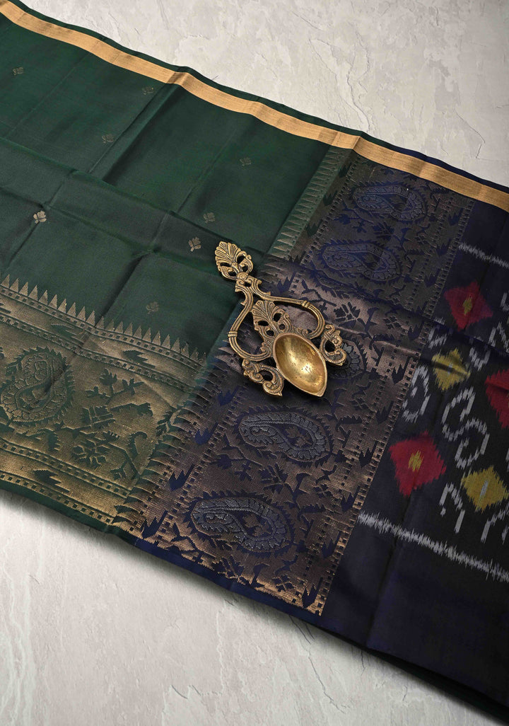 Deep Green Zari Buttas on Kanjivaram Soft Silk Saree with Zari Border and Ikkat Pallu | SILK MARK CERTIFIED