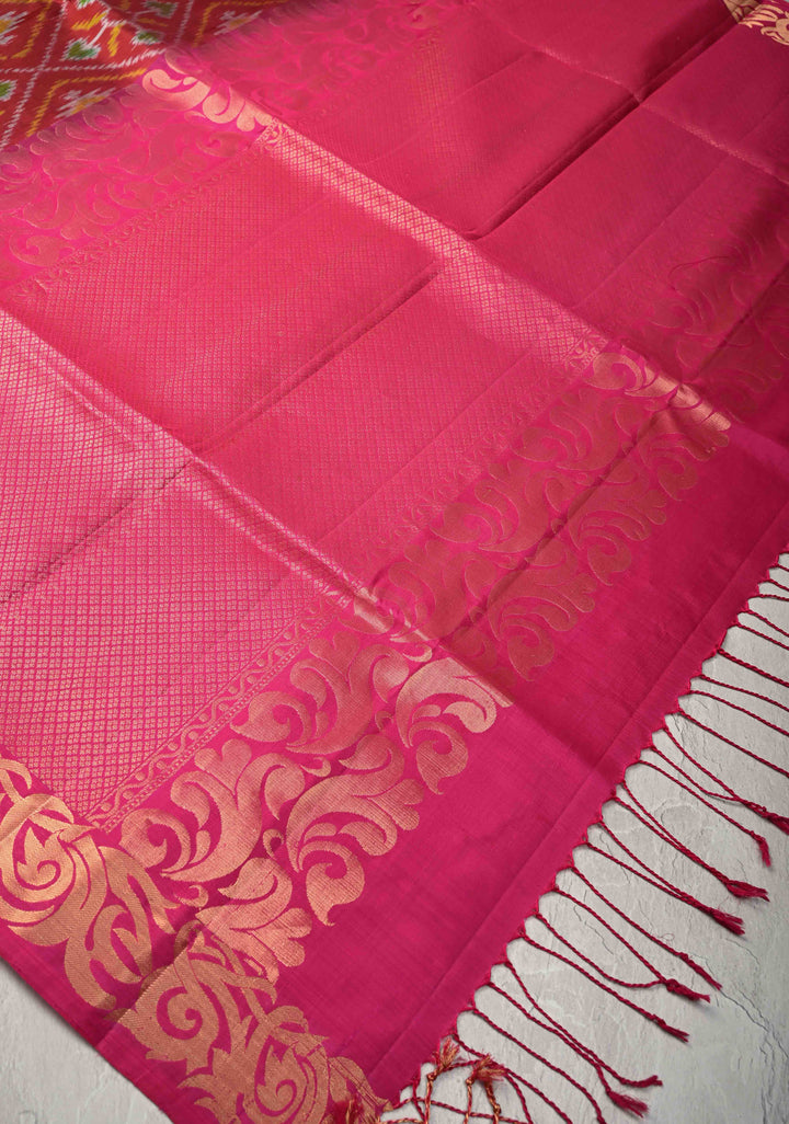 Maroon fusion Ikkat Kanjivaram Soft Silk Saree with Geometric Jaal and Zari Border | SILK MARK CERTIFIED
