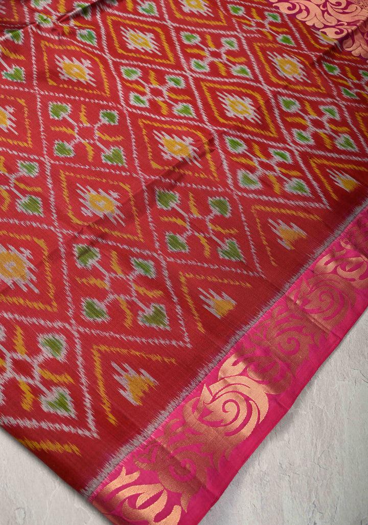Maroon fusion Ikkat Kanjivaram Soft Silk Saree with Geometric Jaal and Zari Border | SILK MARK CERTIFIED