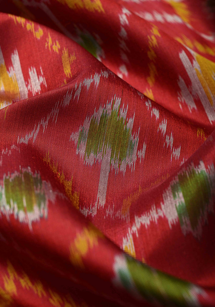 Maroon fusion Ikkat Kanjivaram Soft Silk Saree with Geometric Jaal and Zari Border | SILK MARK CERTIFIED