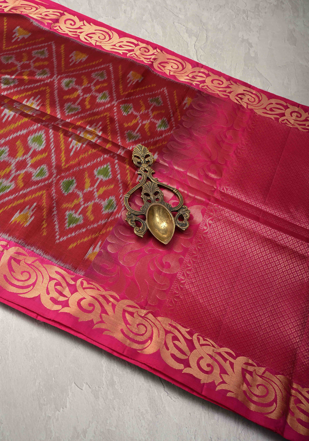 Maroon fusion Ikkat Kanjivaram Soft Silk Saree with Geometric Jaal and Zari Border | SILK MARK CERTIFIED
