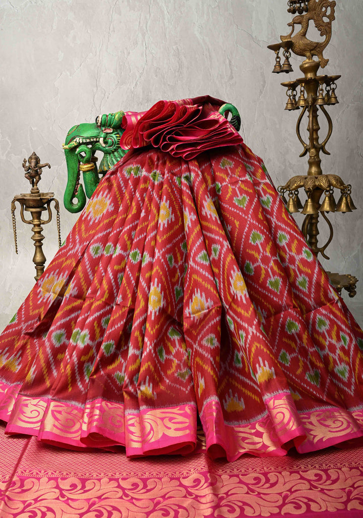 Maroon fusion Ikkat Kanjivaram Soft Silk Saree with Geometric Jaal and Zari Border | SILK MARK CERTIFIED